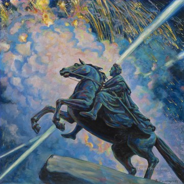 horse cats Painting - FIREWORKS THE BRONZE HORSEMAN Boris Mikhailovich Kustodiev